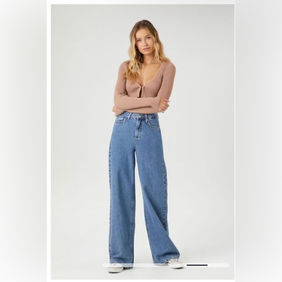 FOREVER 21 Nude Beige Tan Camel Cropped Ribbed Cardigan Sweater Top Shirt Sz M - Picture 5 of 16